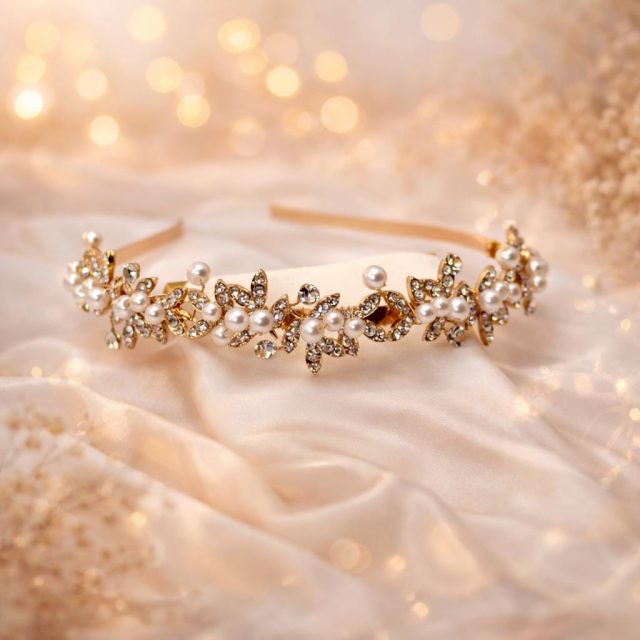 Gold Bridal Tiara Pearl Rhinestone