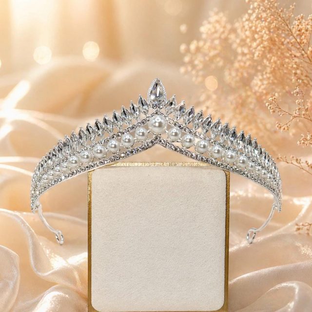 Silver Bridal Tiara with Pearls and Crystals