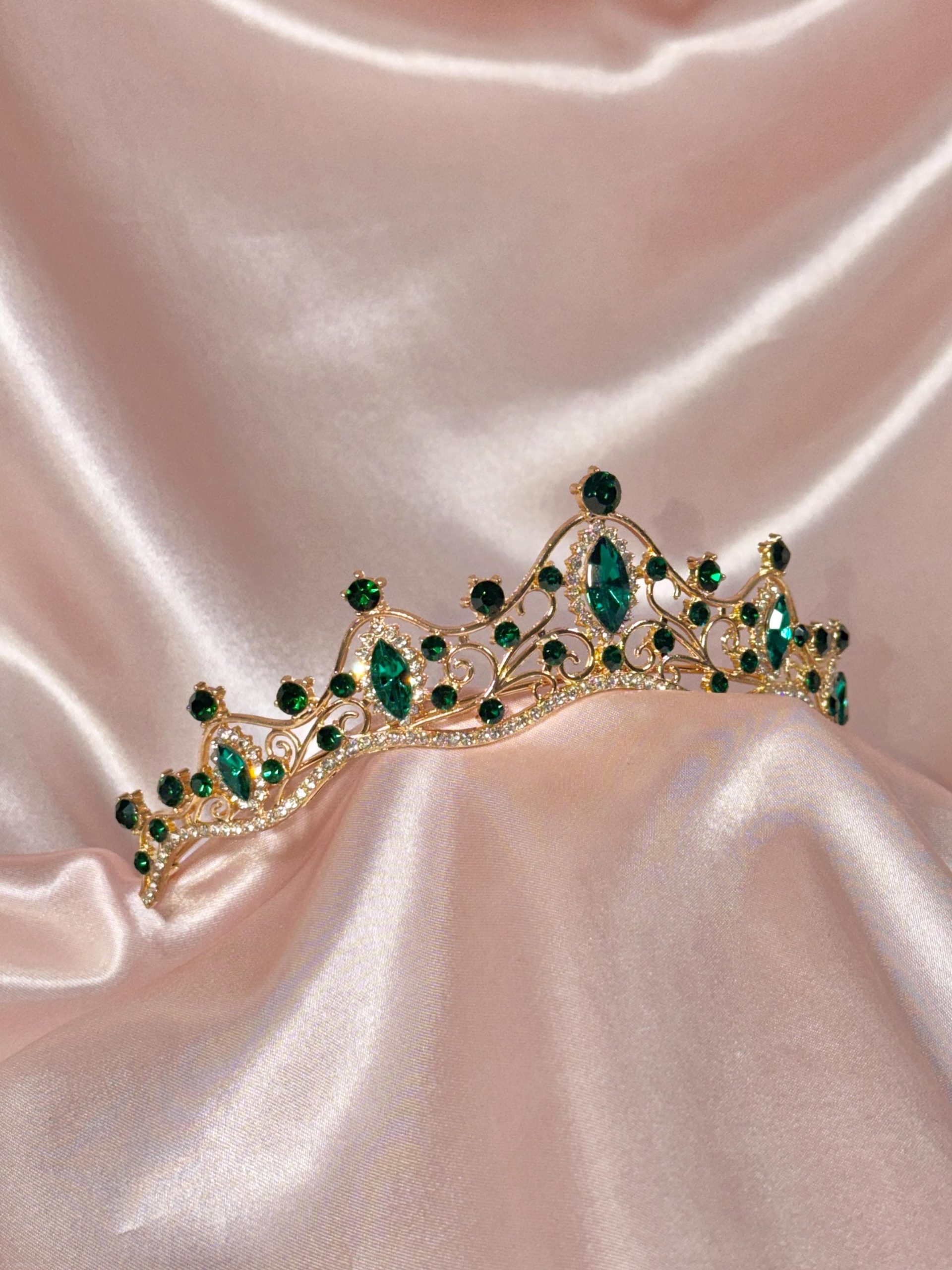 Emerald Green Crystal Tiara Crown – Gold Wedding Tiara for Brides
