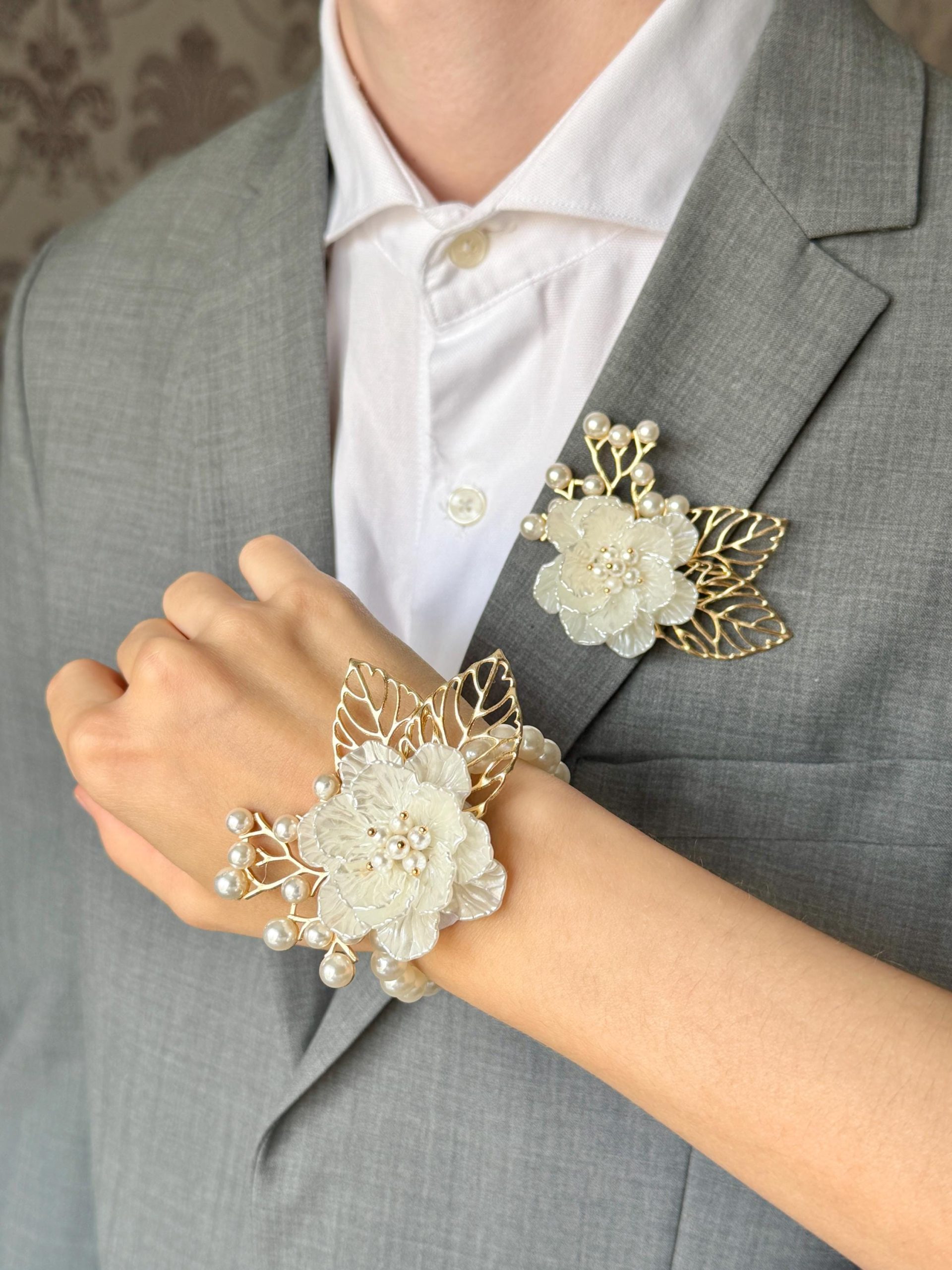 Wrist Corsage Bracelet and Boutonniere Set