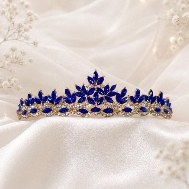 Blue Crystal Tiara Crown – Gold Wedding Tiara