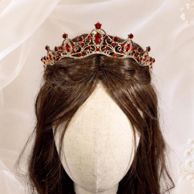 Red Crystal Tiara Crown – Gold Wedding Tiara for Brides