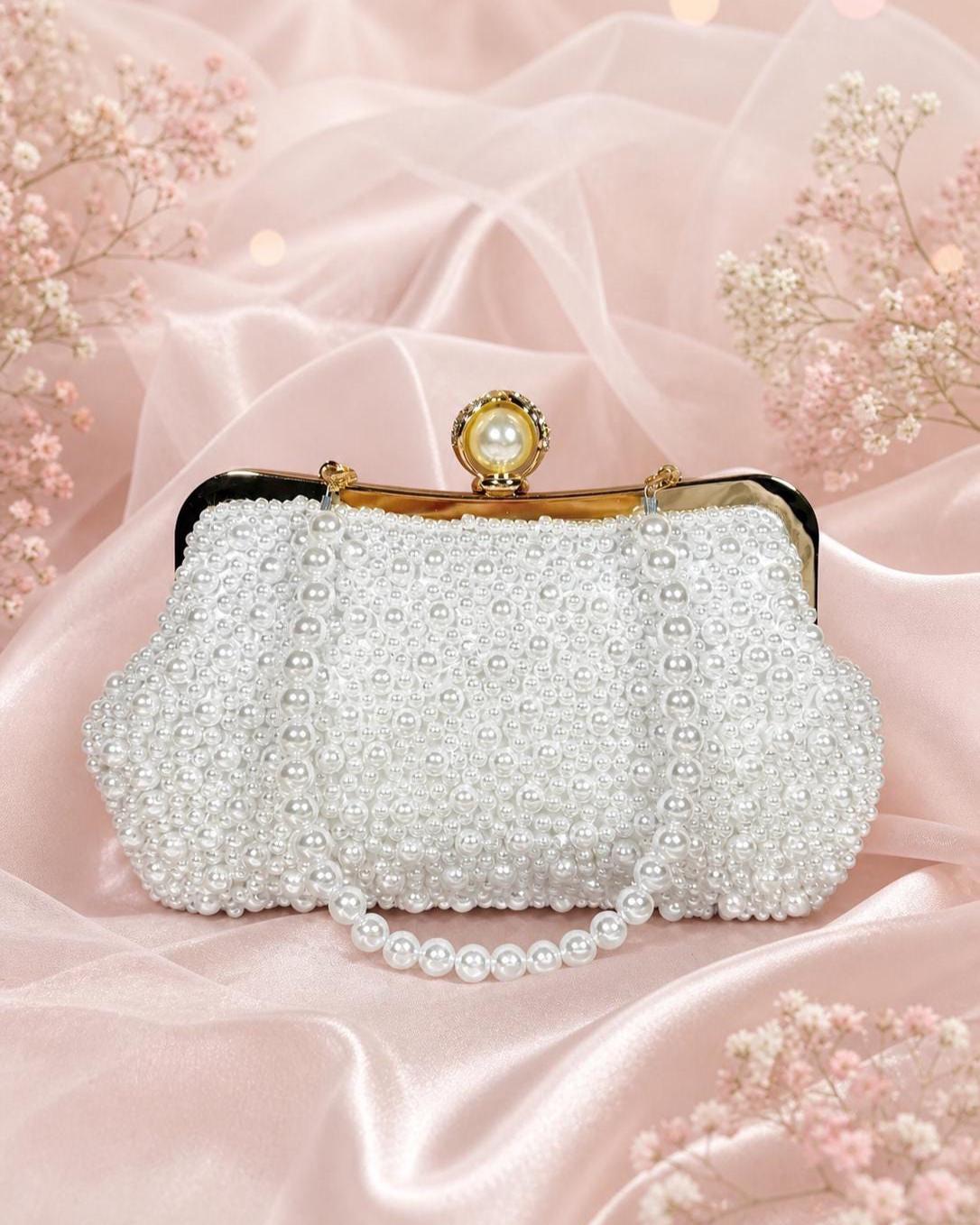 White Pearl Beaded Clutch Purse