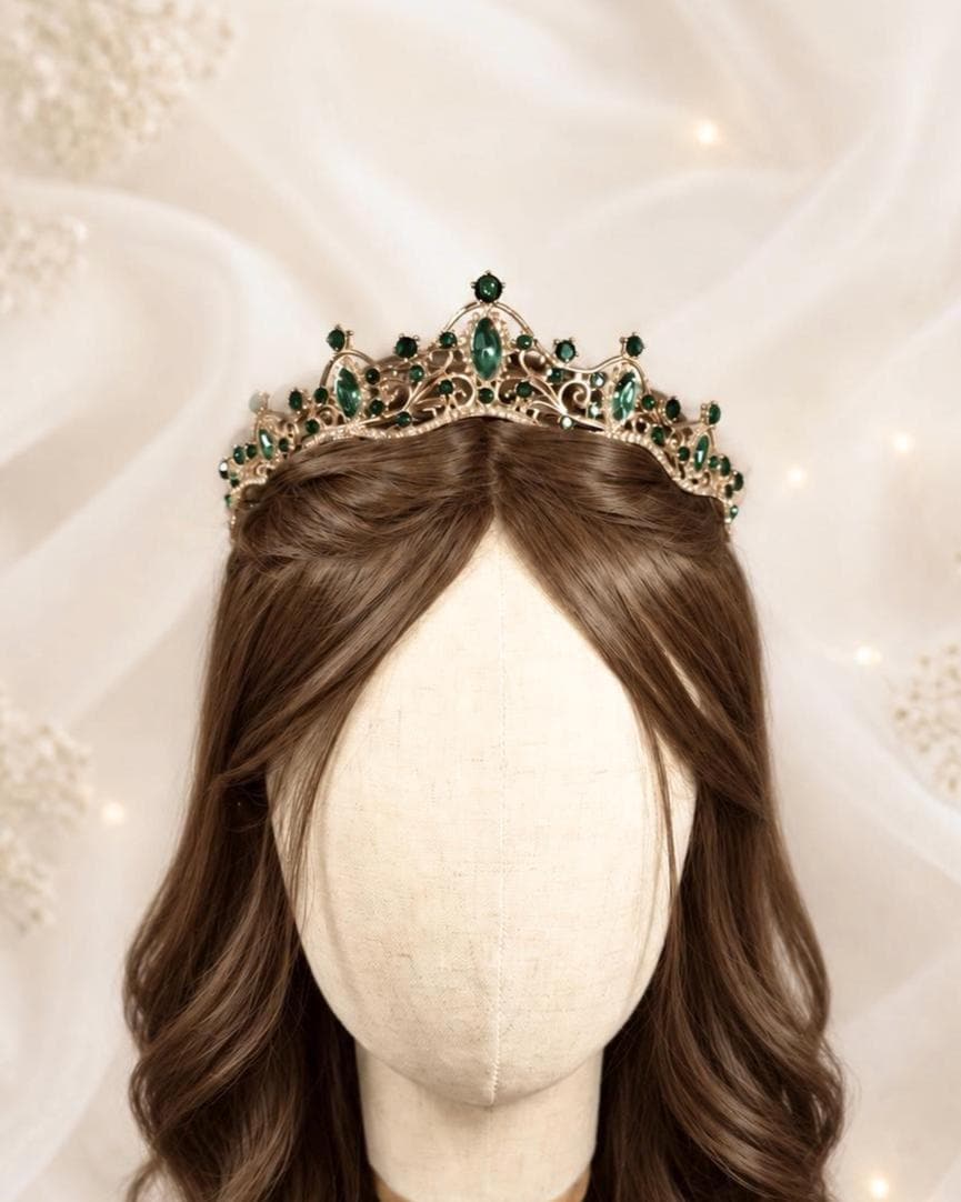 Emerald Green Crystal Tiara Crown – Gold Wedding Tiara for Brides
